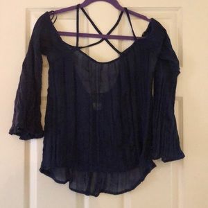 Dark blue sheet off the shoulder shirt